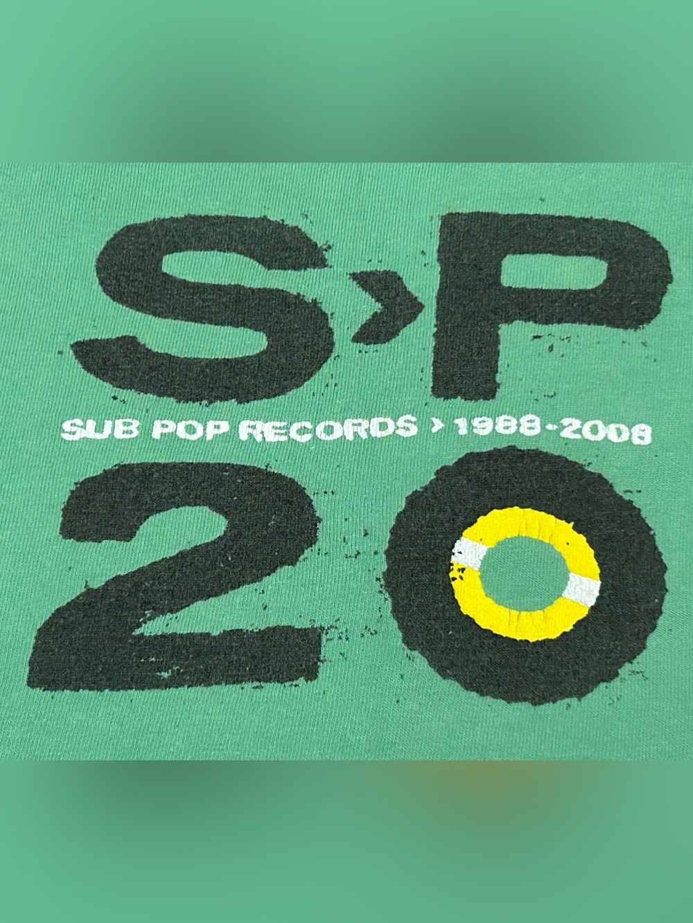 Sup Pop 20 Anniversary Fest T-Shirt M green GUC flaws SP20 Seattle Music Grunge
